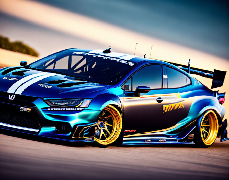 Custom Blue and Black Honda Civic with Racing Stripes and Gold Rims at Sunset