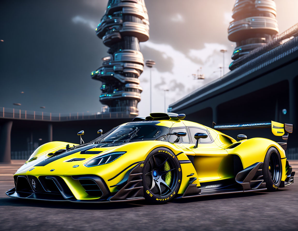 Yellow Race Car with Black Accents on Futuristic Track