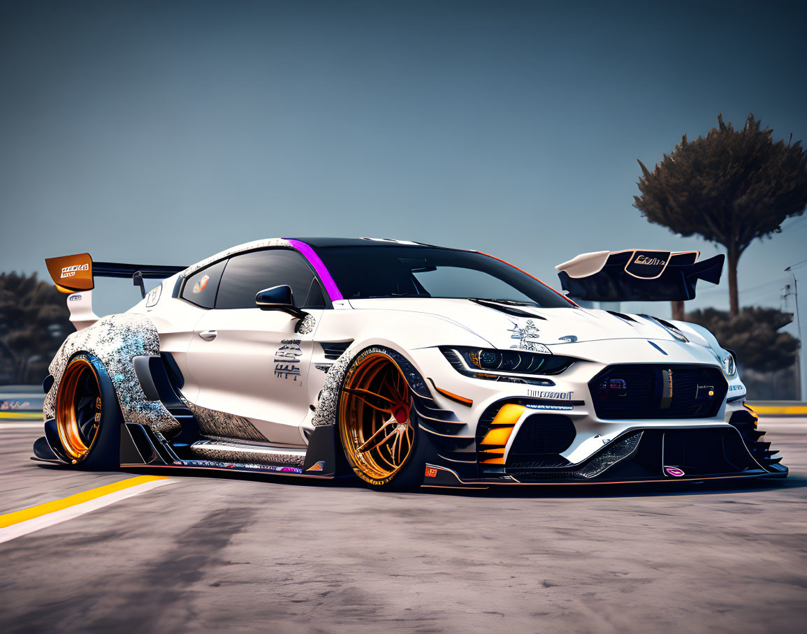 Modified sports car with wide body kit and custom livery on sunlit track