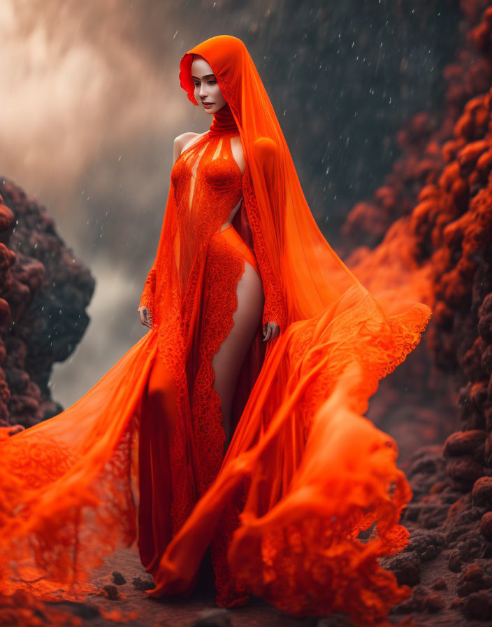 Woman in flowing orange dress on rocky terrain with dramatic sky