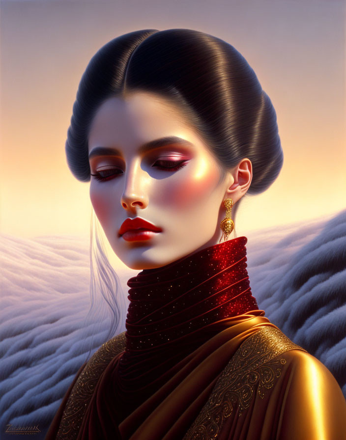 Stylized digital portrait of a woman in red turtleneck and gold garment