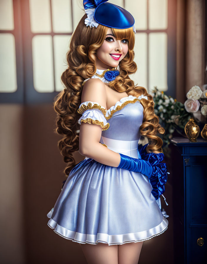 Person in Blue and White Dress with Puffy Sleeves Smiling in Vintage Room