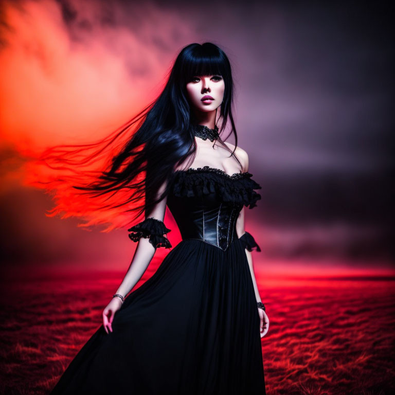 Woman in gothic attire with long black hair under red sky.