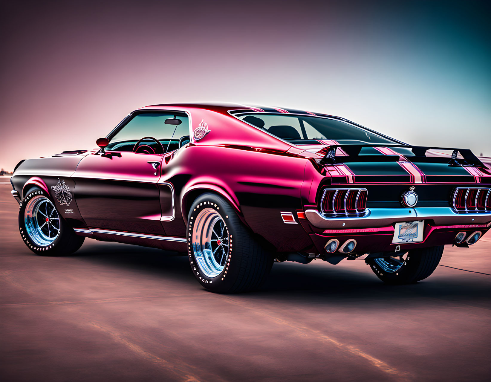 Shiny Pink Classic Muscle Car with Racing Stripes and Chrome Wheels