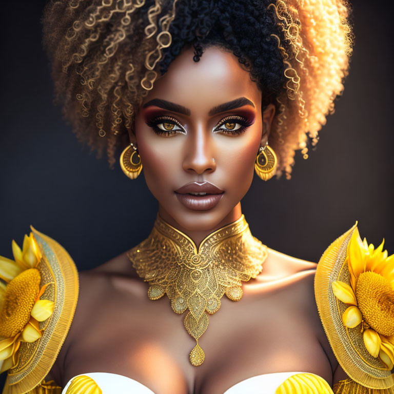 Digital portrait of woman with striking makeup, gold jewelry, and sunflowers