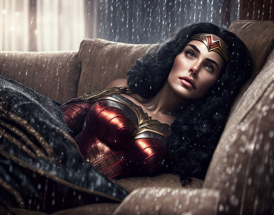 Digital Artwork: Woman as Wonder Woman on Couch in Rain