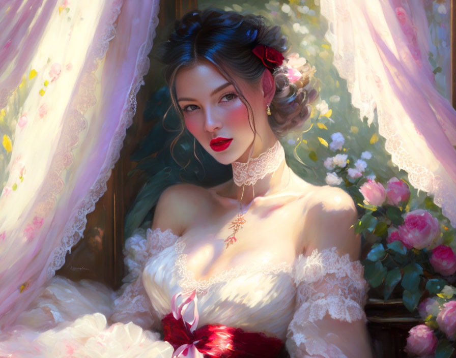 Digital painting: Woman with blue hair, red lipstick, lace dress, and flower in hair, surrounded