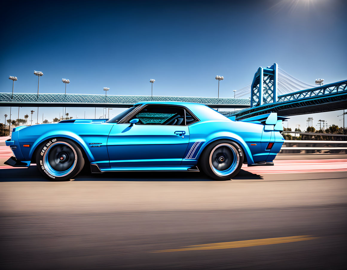 Vintage blue muscle car with racing stripes on road with bridge.
