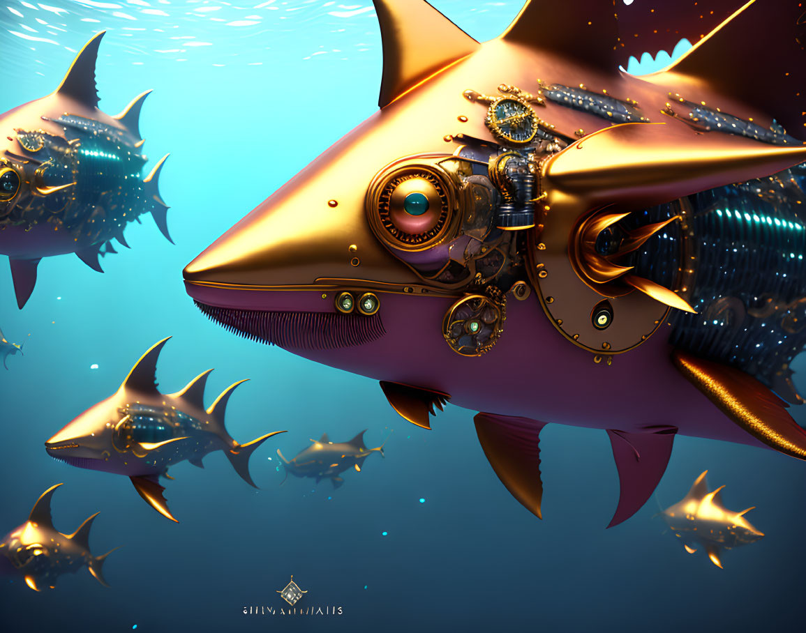 Intricate steampunk robotic fish swimming underwater