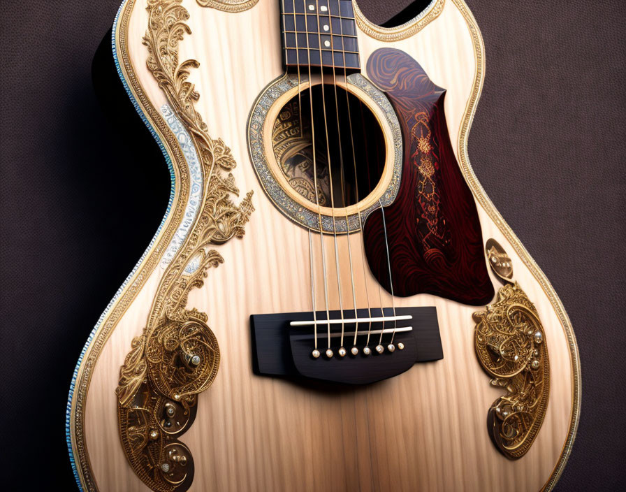 Elaborate Gold Inlay Designs on Dark Acoustic Guitar