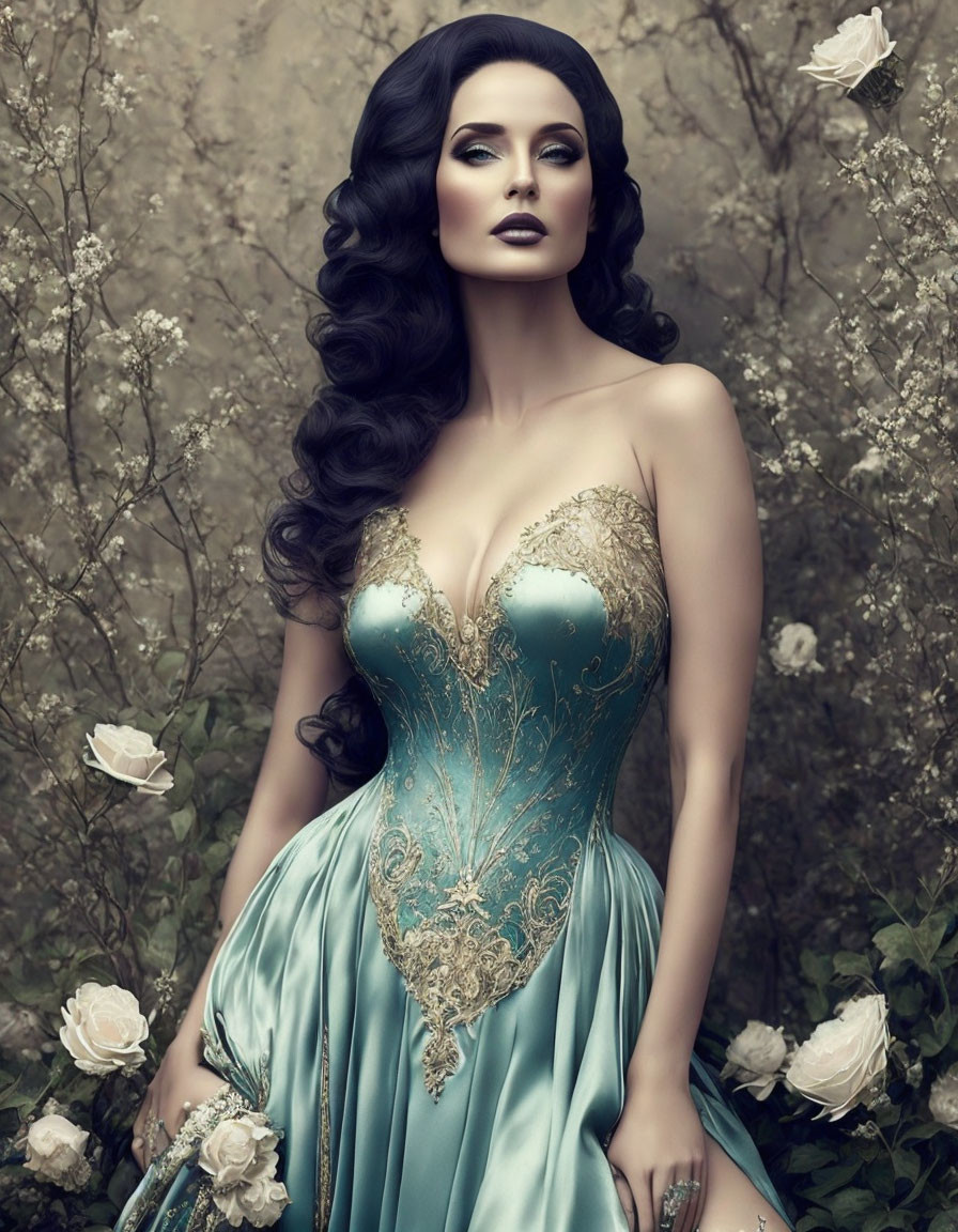 Dark-haired woman in teal dress surrounded by white roses