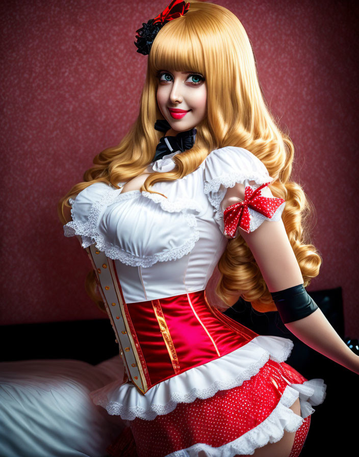 Blonde wig maid cosplay with red and white costume on red background