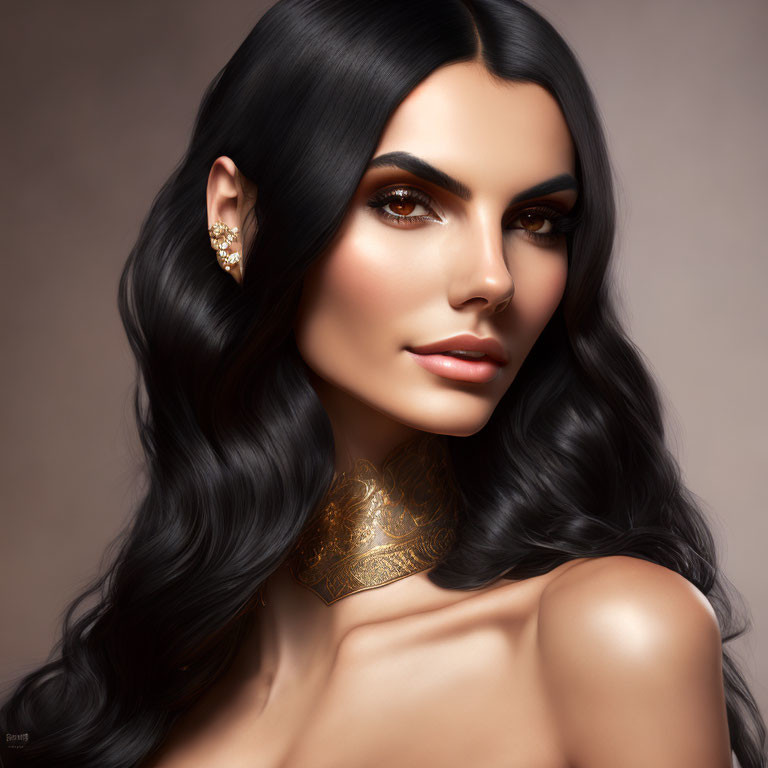 Digital artwork featuring a woman with dark hair, striking makeup, gold choker, and ear cuff.