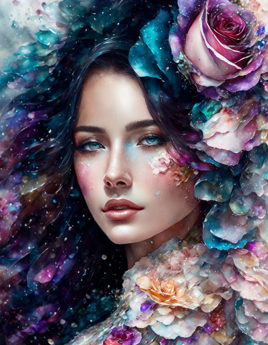 Digital artwork: Woman with floral and cosmic elements for a dreamy effect