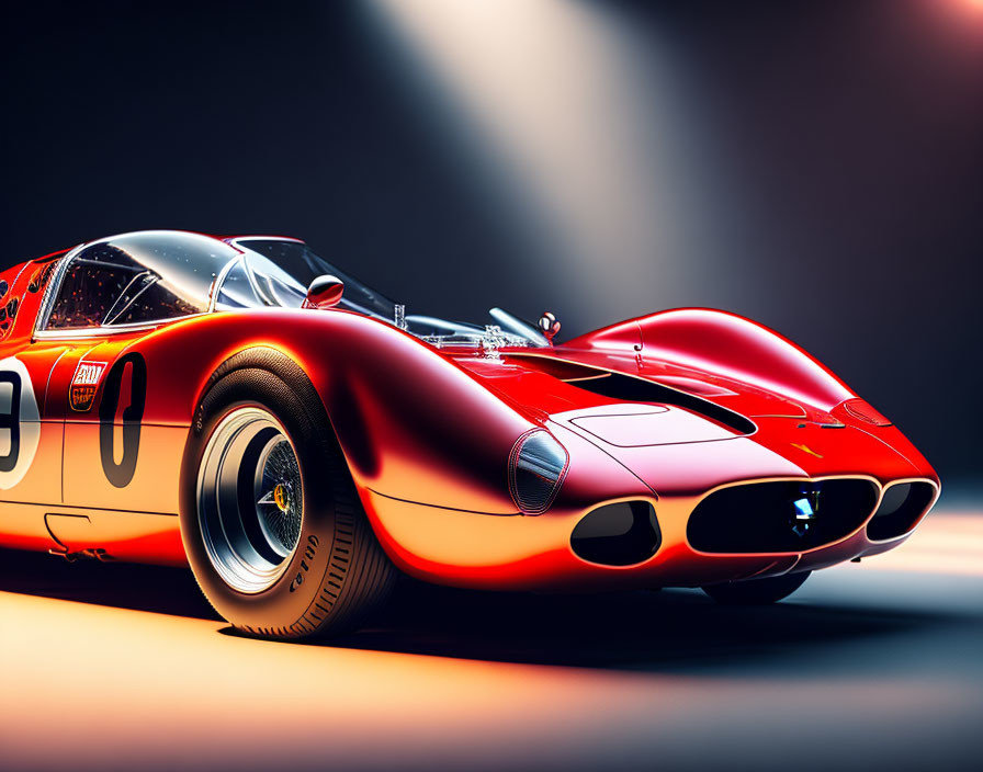 Classic Red Race Car with Number 5 in Dramatic Lighting