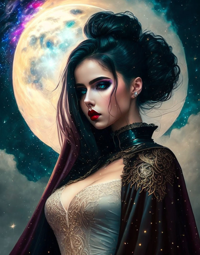 Dark-haired woman with vibrant makeup in cosmic setting