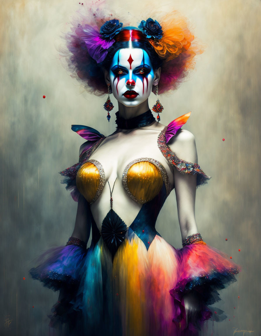 Theatrical makeup with white base, red and black accents, vibrant costume, & colorful headpiece