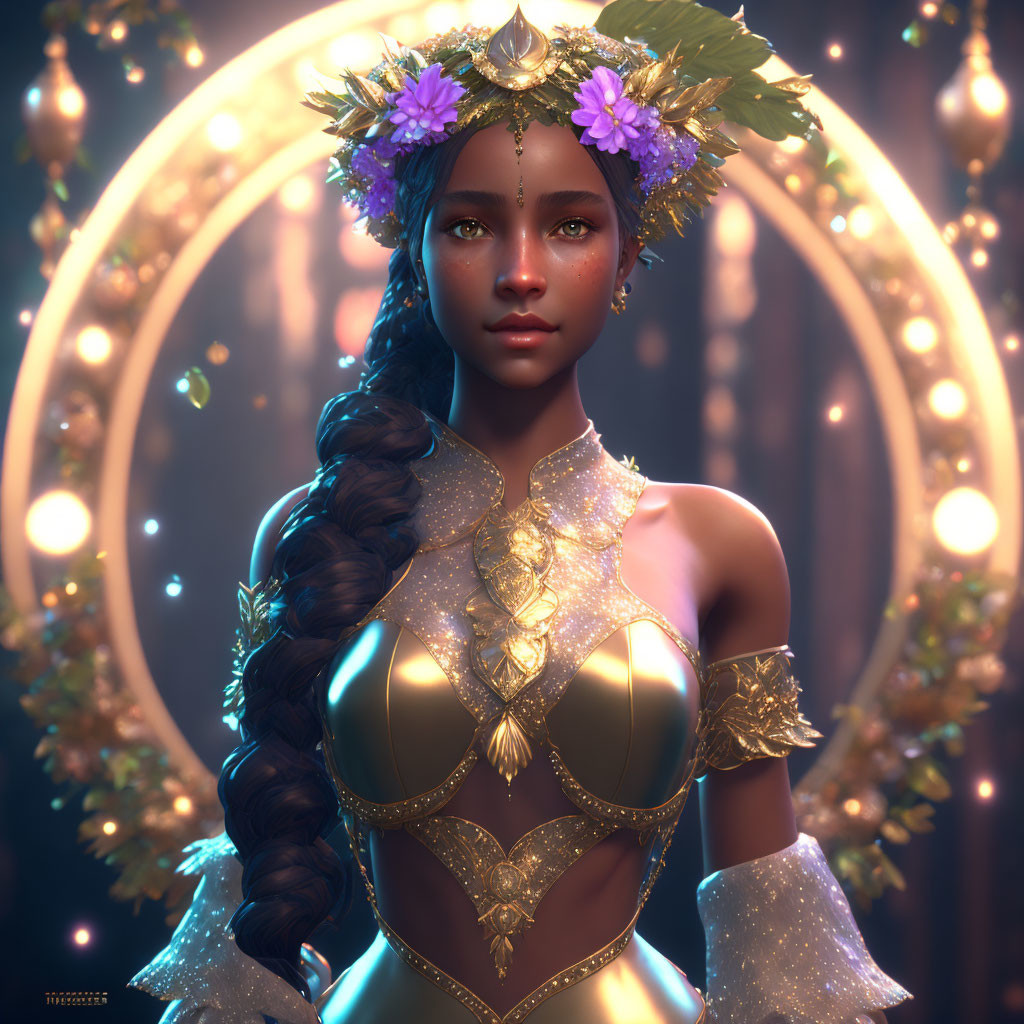 Digital portrait of woman in gold armor and floral crown with braided hair.