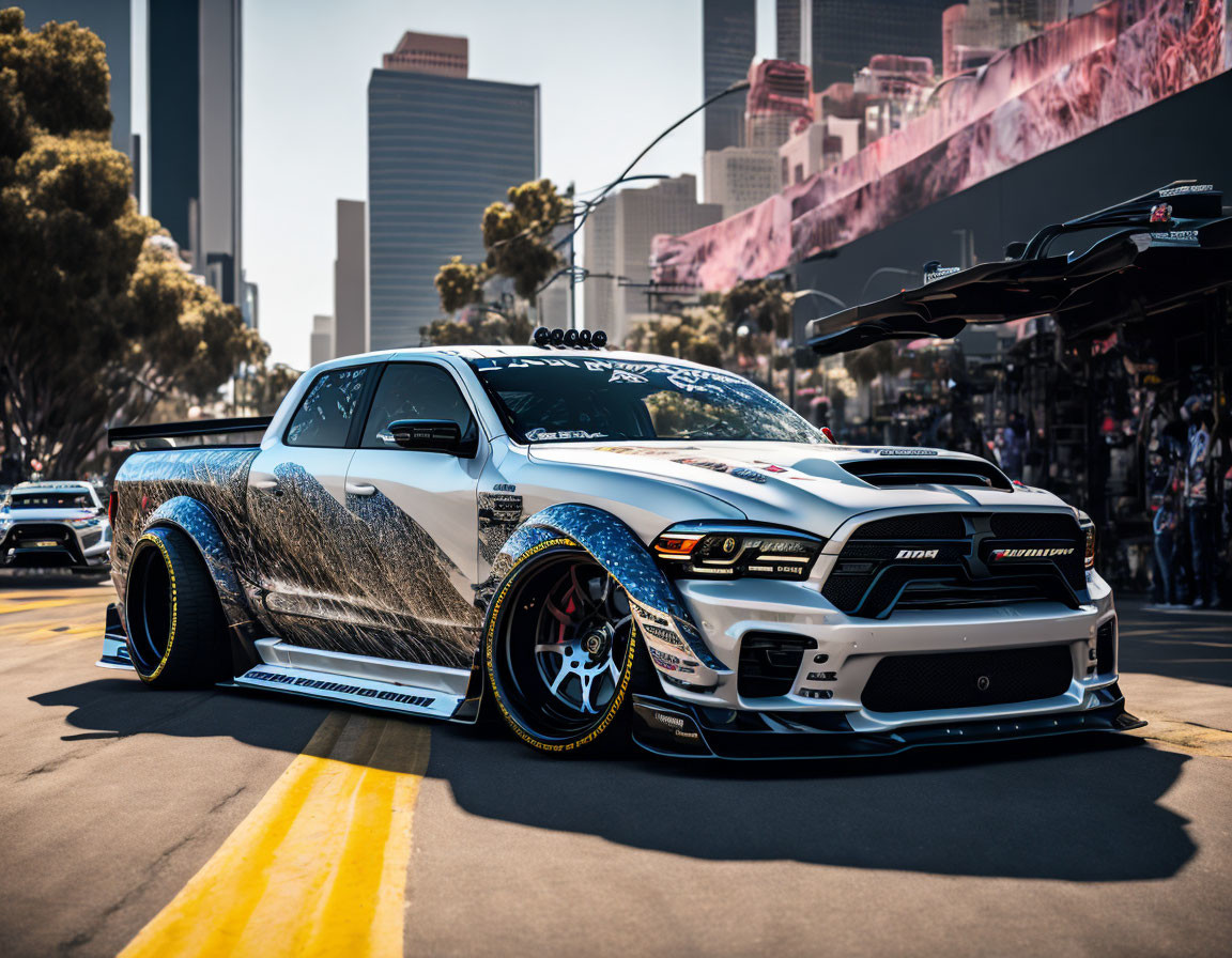 Modified Dodge Charger with racing decals and aftermarket bodywork parked on city street