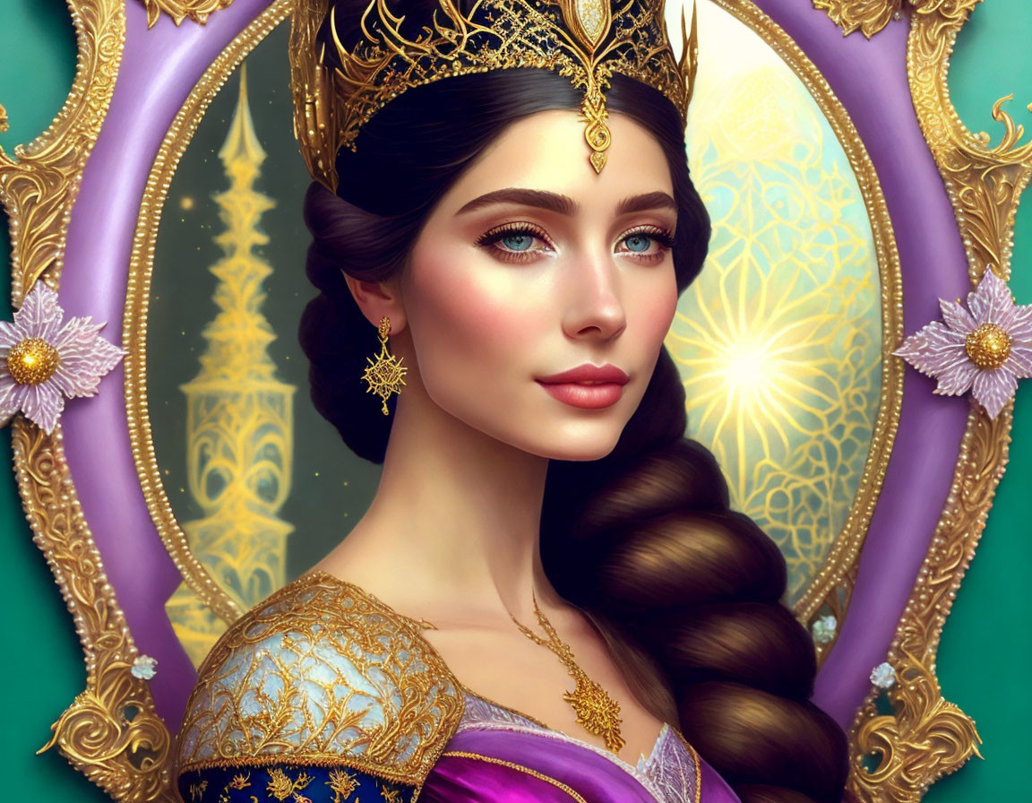 Fantasy queen digital portrait with jeweled crown in oval frame