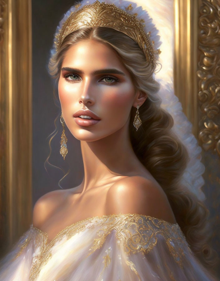 Elegant woman with tiara, earrings, off-shoulder gown in golden ornate border