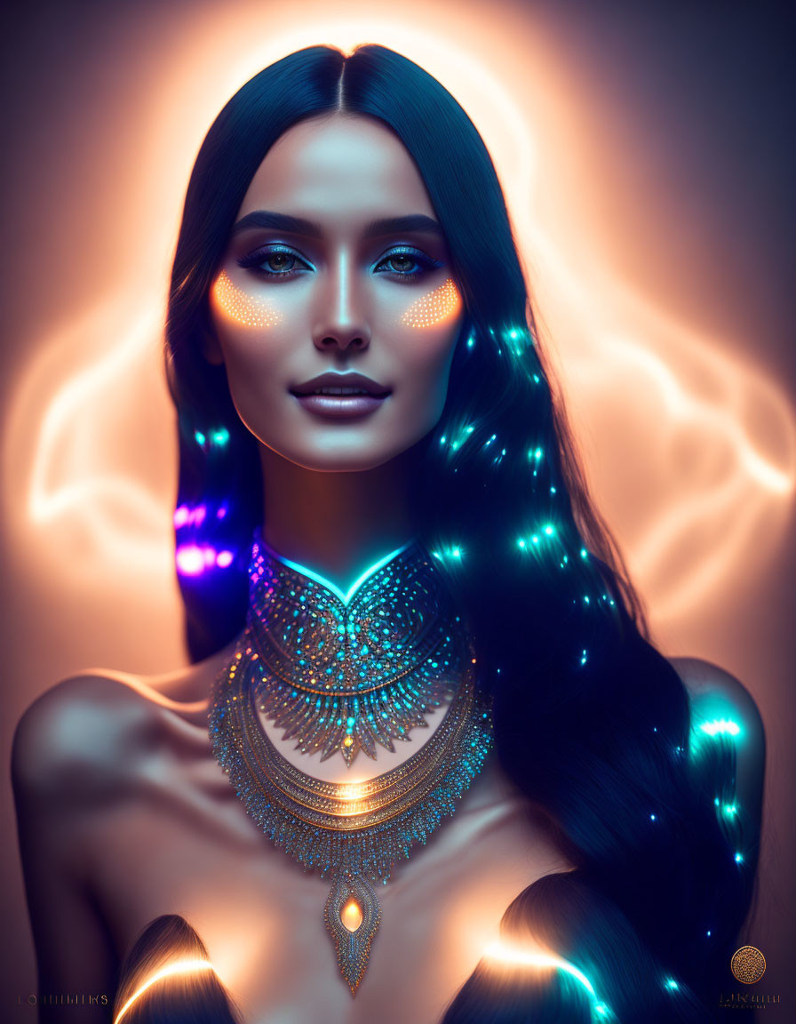 Portrait of woman with radiant skin, amber eyes, and ornate necklace in gold and blue lighting