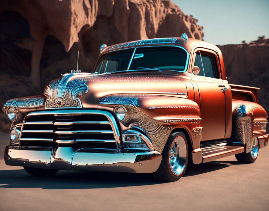 Vintage Truck with Detailed Designs in Desert Setting