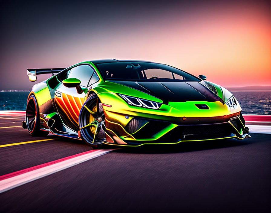 Vibrant Green and Orange Lamborghini with Racing Decals on Coastal Highway at Sunset