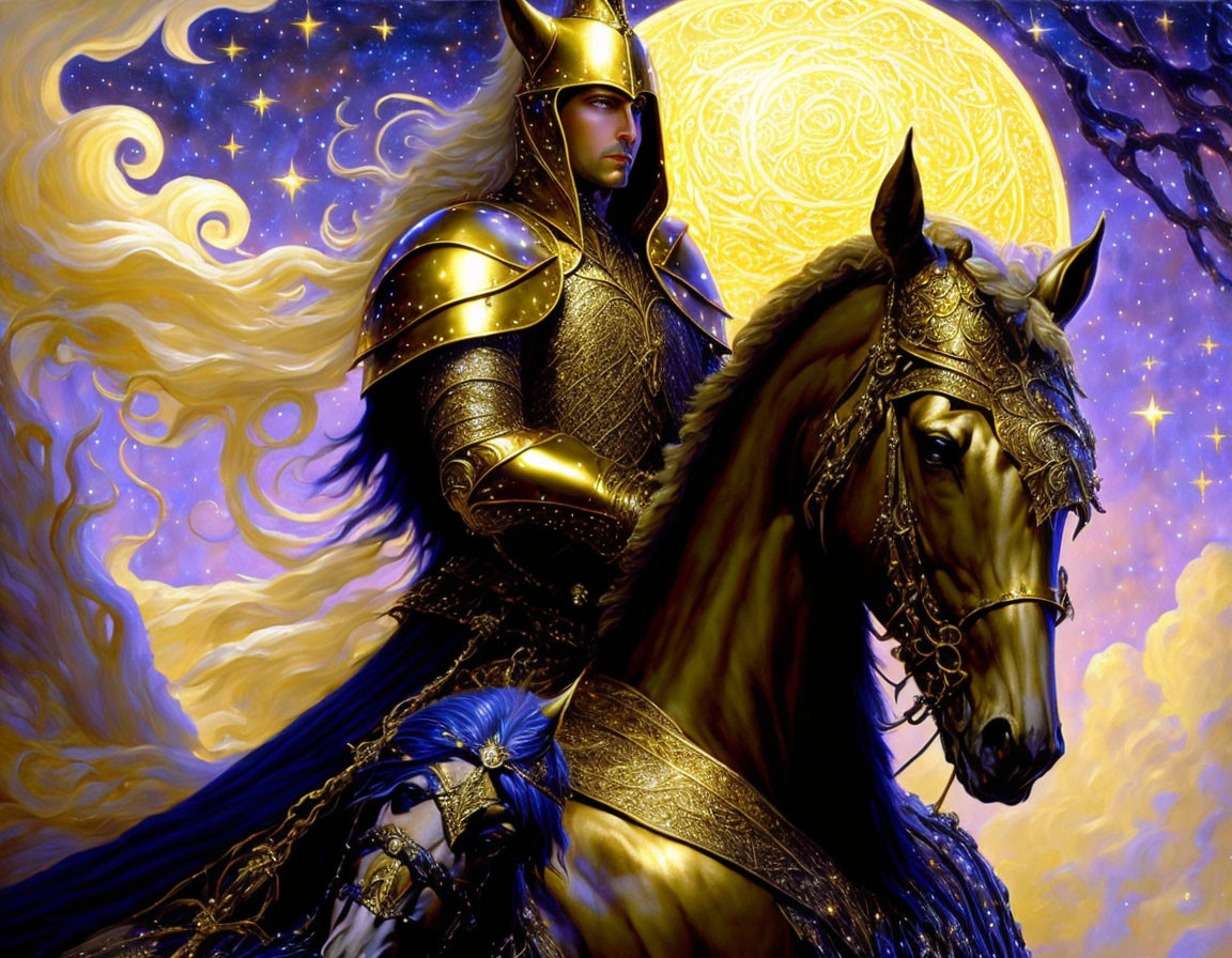 Armored knight on horse under starry sky with golden embellishments.