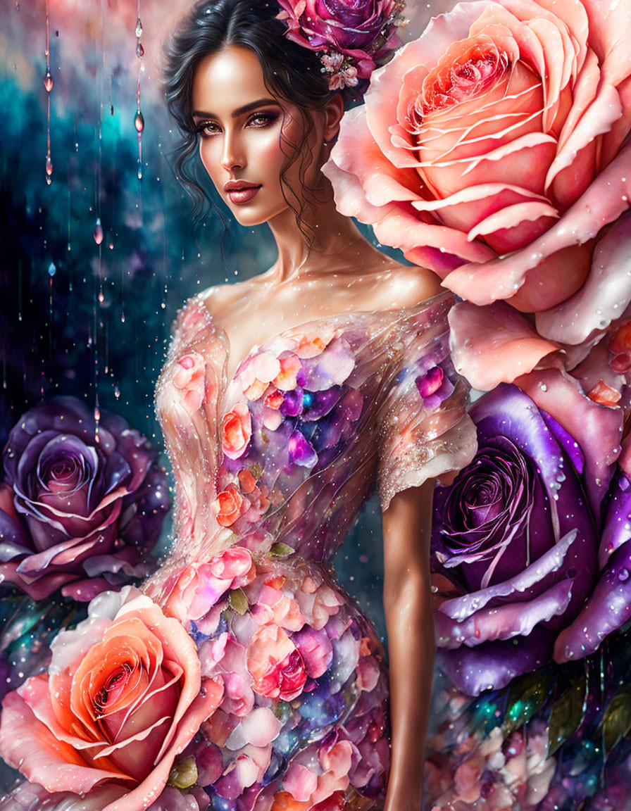 Woman in Floral Dress Surrounded by Dreamy Blue Sparkles