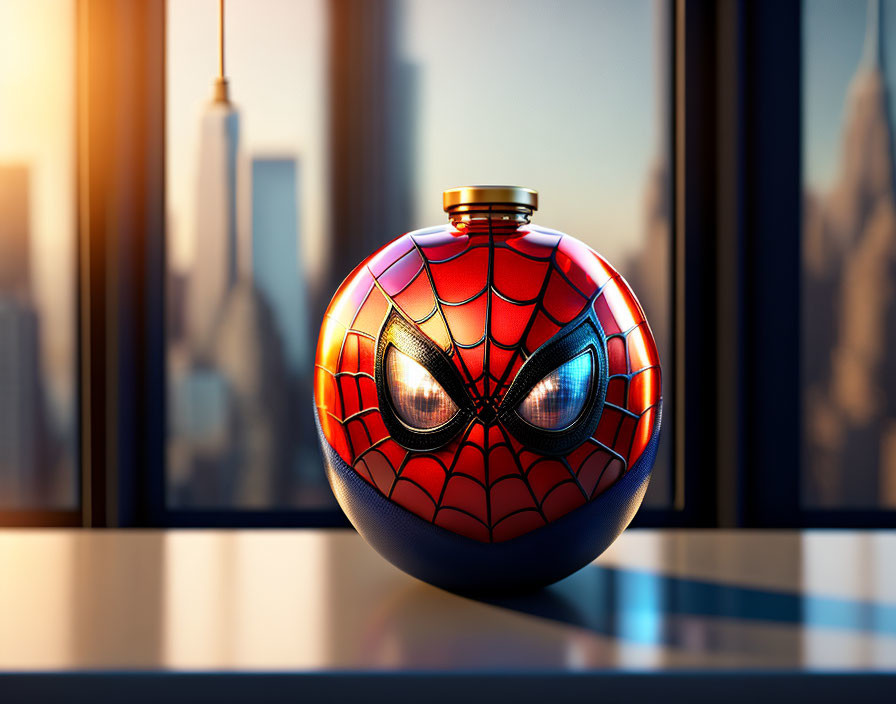 Spider-Man-themed basketball on ledge with city skyline at sunset