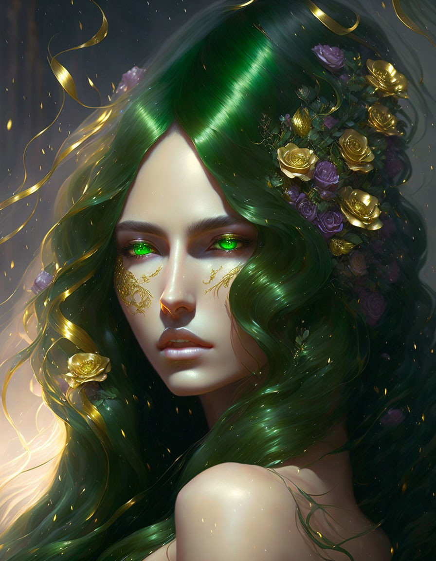 Fantastical portrait of woman with emerald green hair and gold & purple roses.