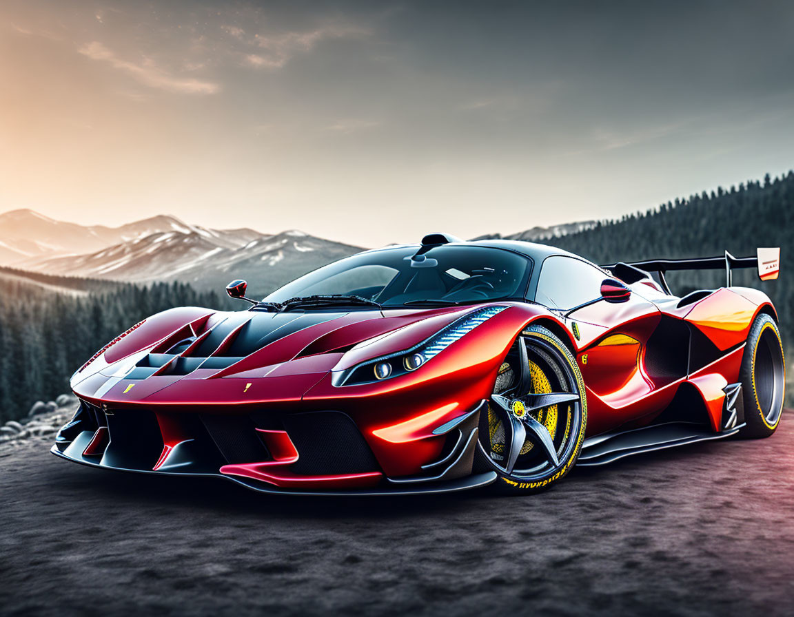 Red Sports Car with Black and Yellow Details on Mountain Road at Sunset