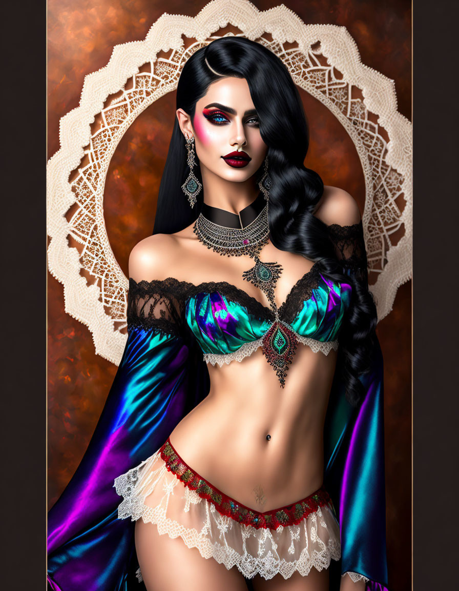 Colorful off-shoulder top woman with braided dark hair in digital artwork