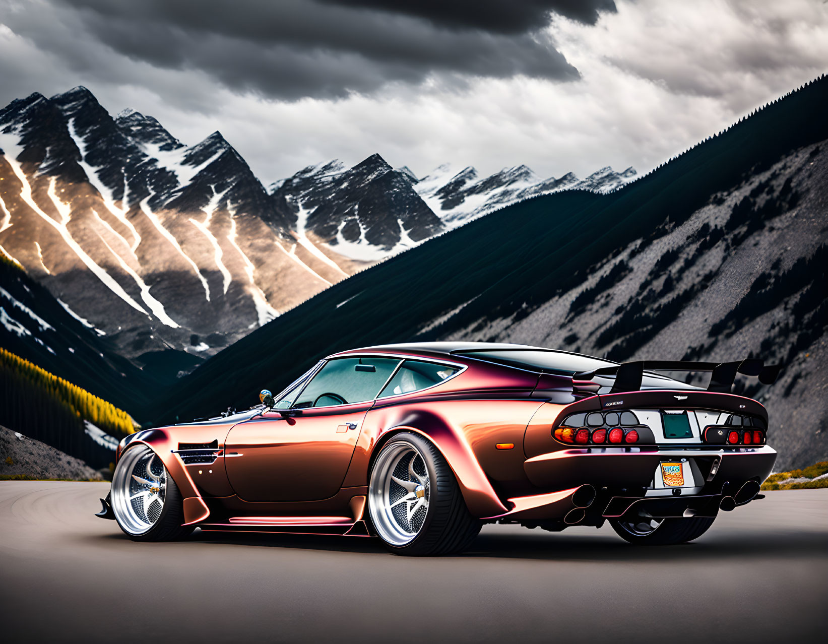 Modified sports car with glossy finish and aftermarket wheels against snowy mountains.