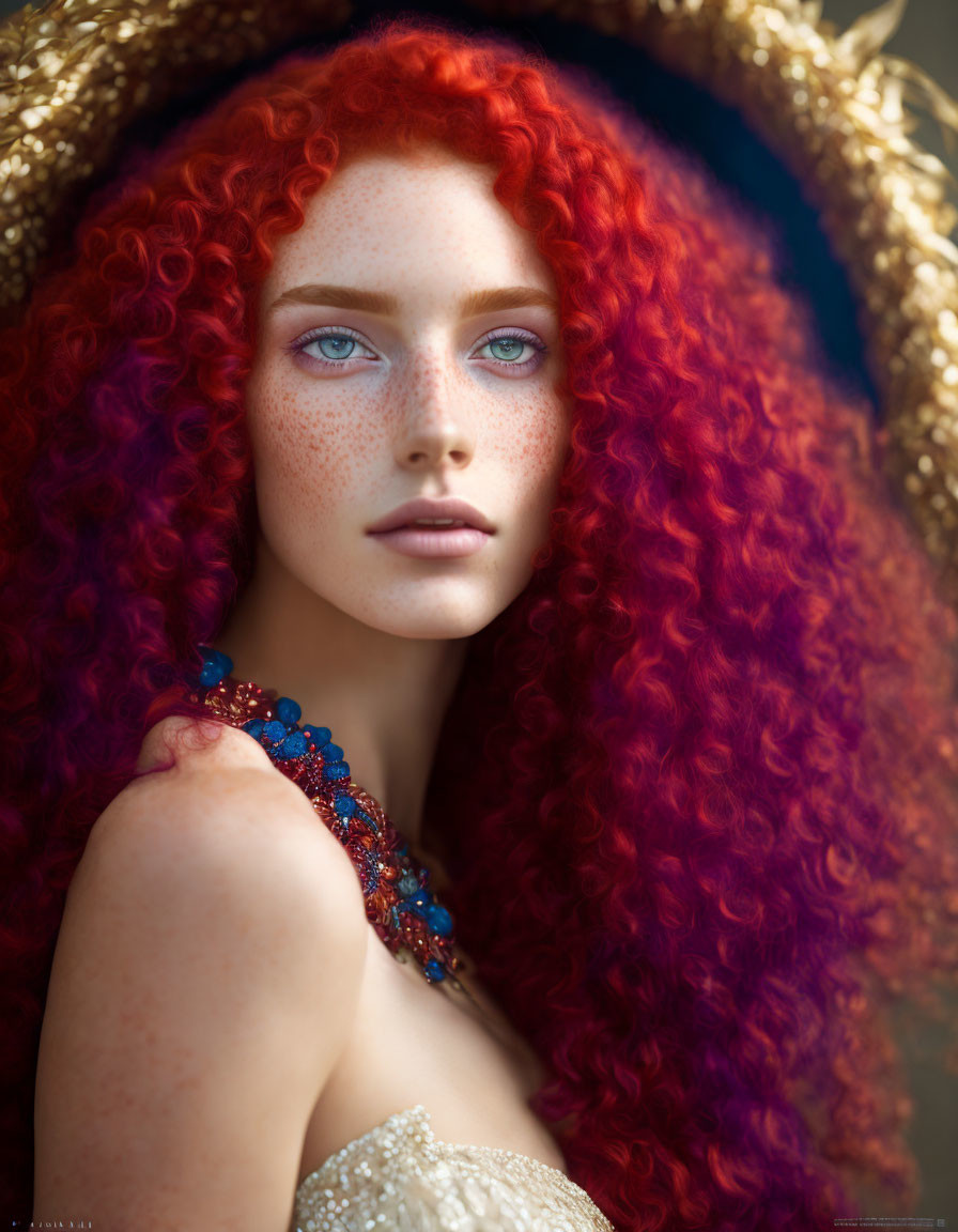 Vibrant red curly hair, blue eyes, freckles, straw hat, blue beaded