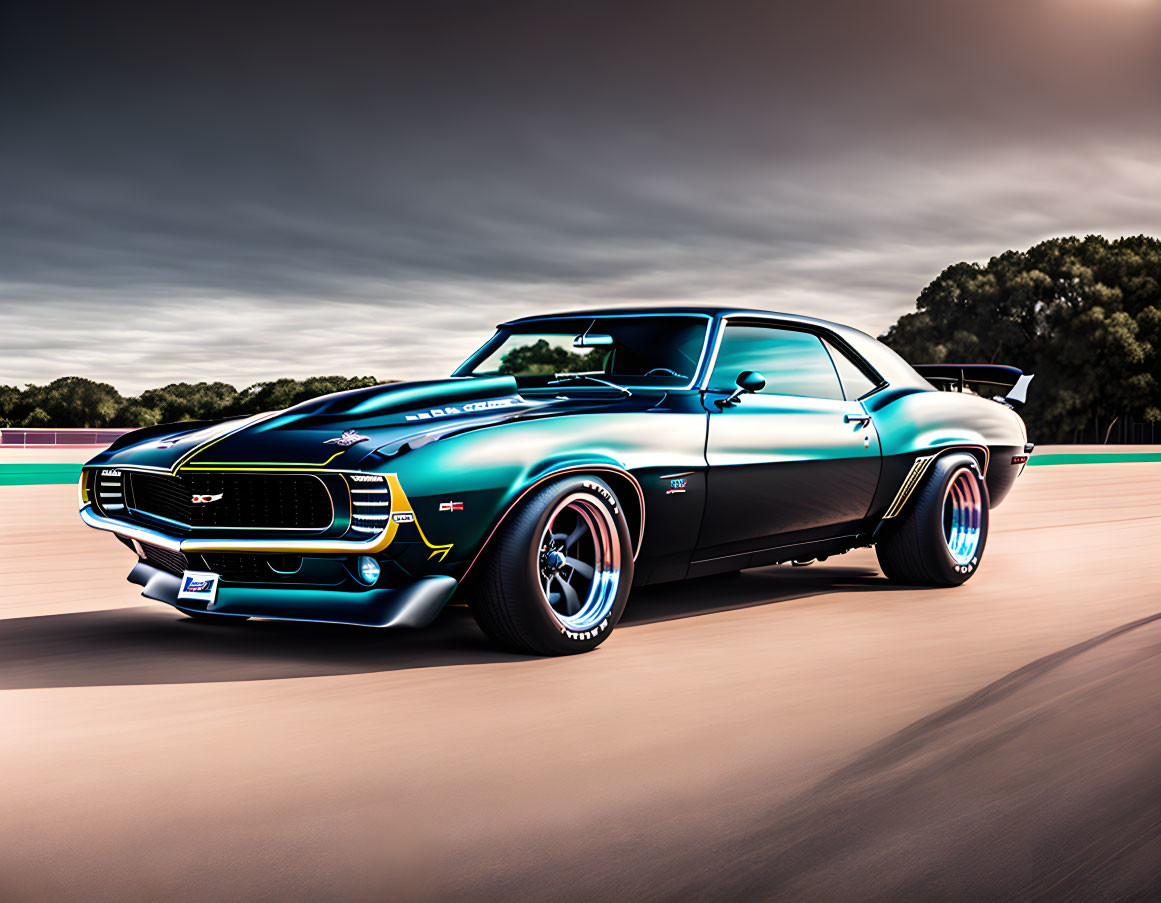 Sleek black and blue Chevrolet Camaro on track