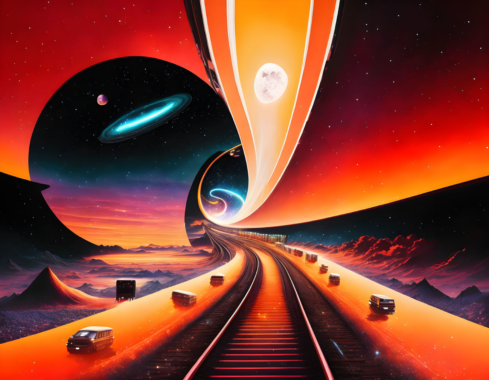 Colorful Sci-Fi Landscape with Galaxy-Themed Railway