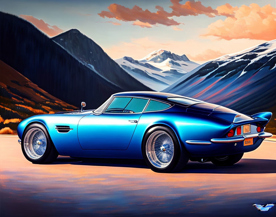 Vintage blue sports car against mountain sunset backdrop