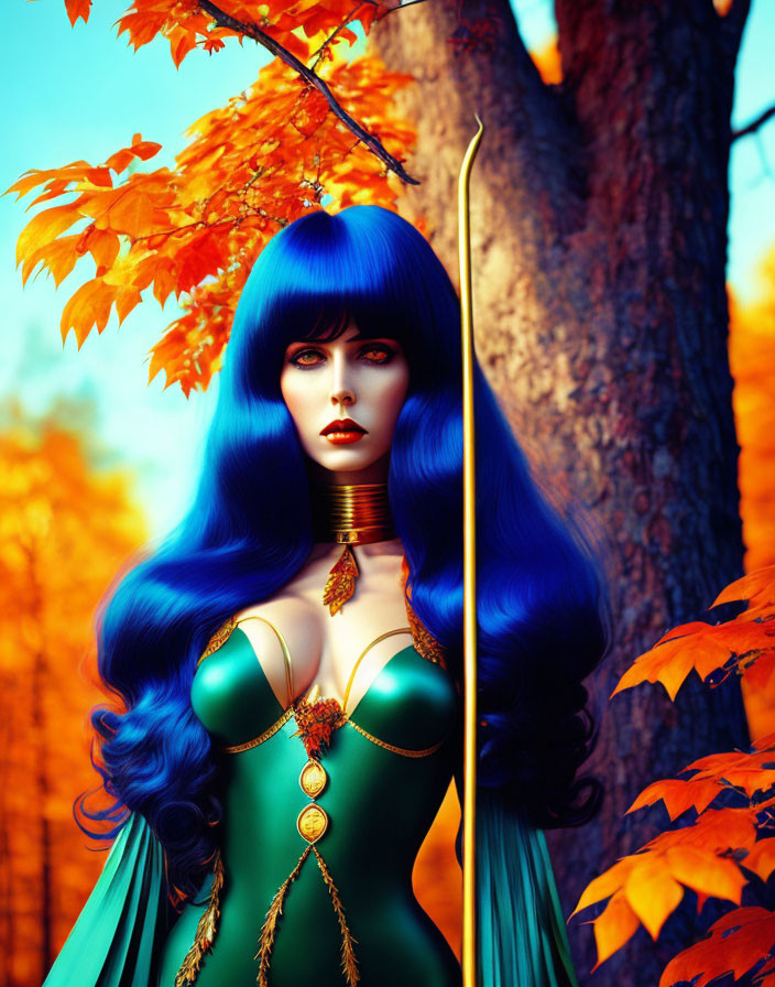 Vibrant Blue-Haired Woman in Green and Gold Outfit Poses in Autumn Forest