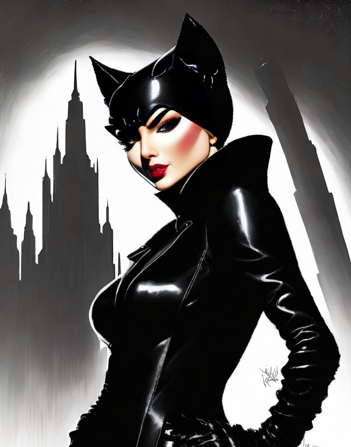 Woman in Catwoman costume against cityscape backdrop