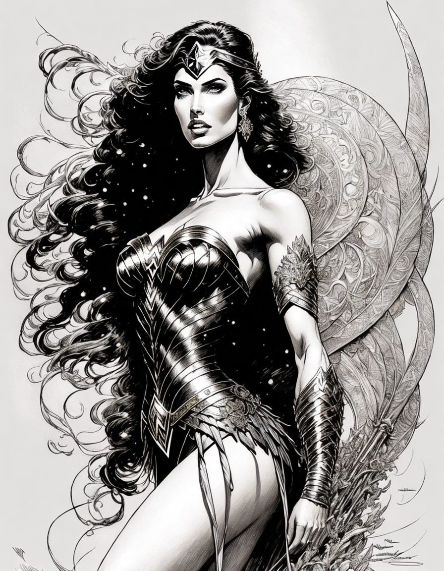 Detailed black and white Wonder Woman illustration with intricate armor and flowing hair.