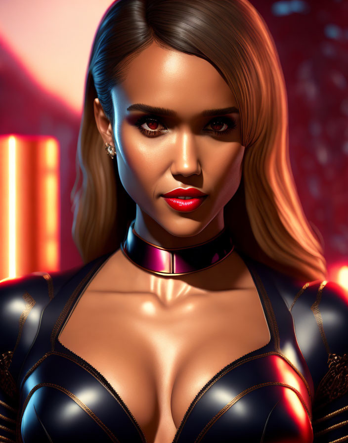 Sleek-Haired Female Character in Black Bodysuit on Red and Golden Background