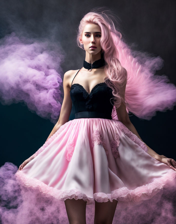 Woman with Pink Flowing Hair in Black and Pink Dress Surrounded by Purple Smoke