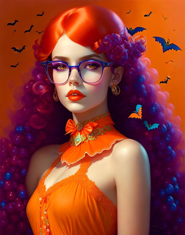 Vibrant digital portrait of a woman with red hair, purple highlights, glasses, orange dress,