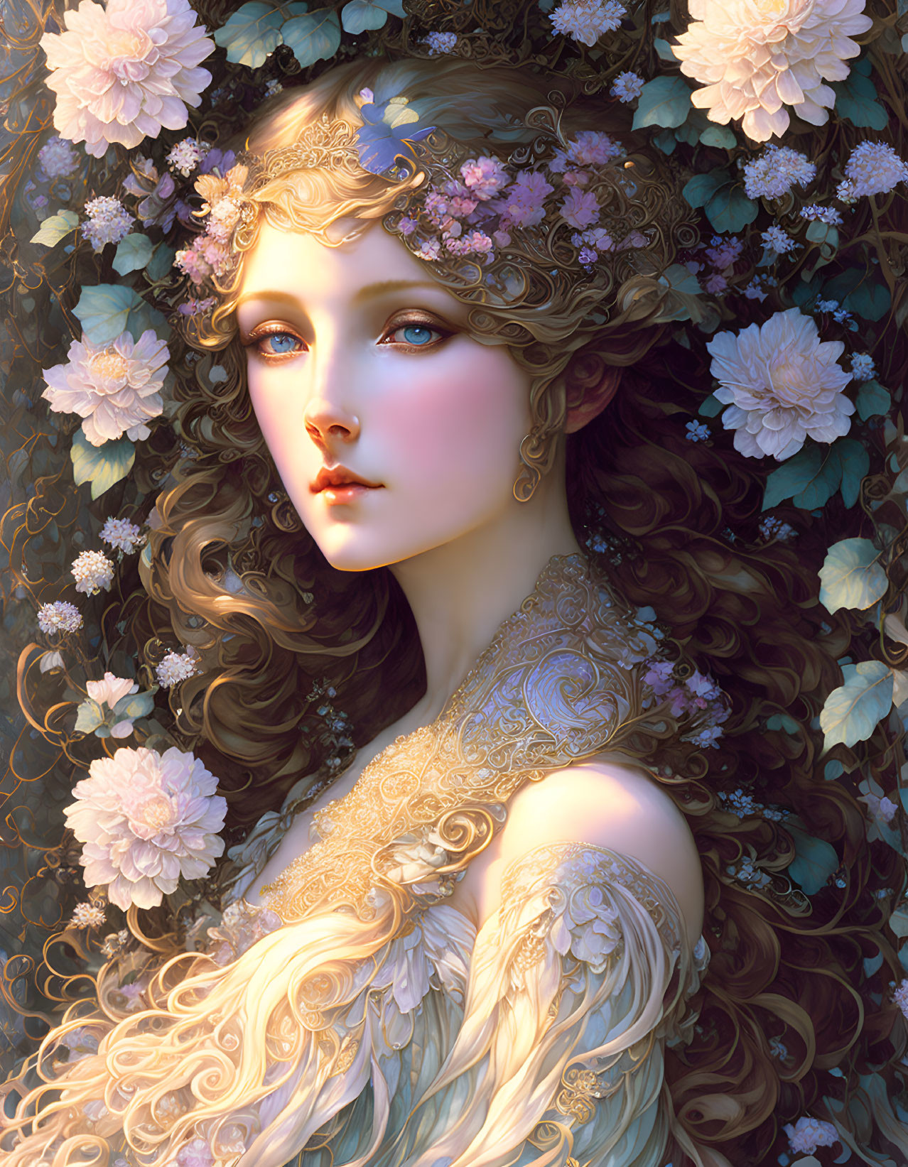 Ethereal female figure with golden hair and floral crown in lush setting