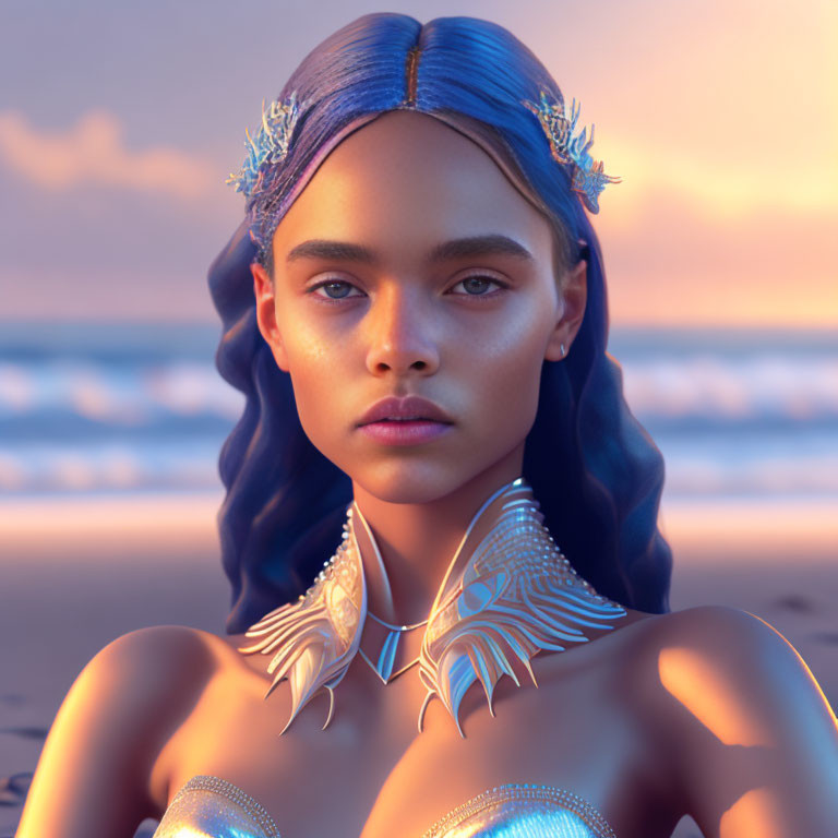 Digital Artwork: Woman with Blue Hair and Golden Jewelry at Beach Sunset