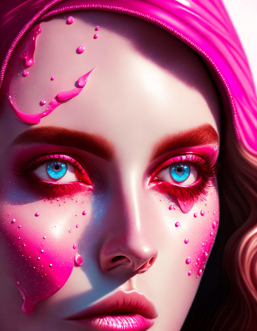 Digital close-up: Woman with pink skin, blue eyes, glossy details