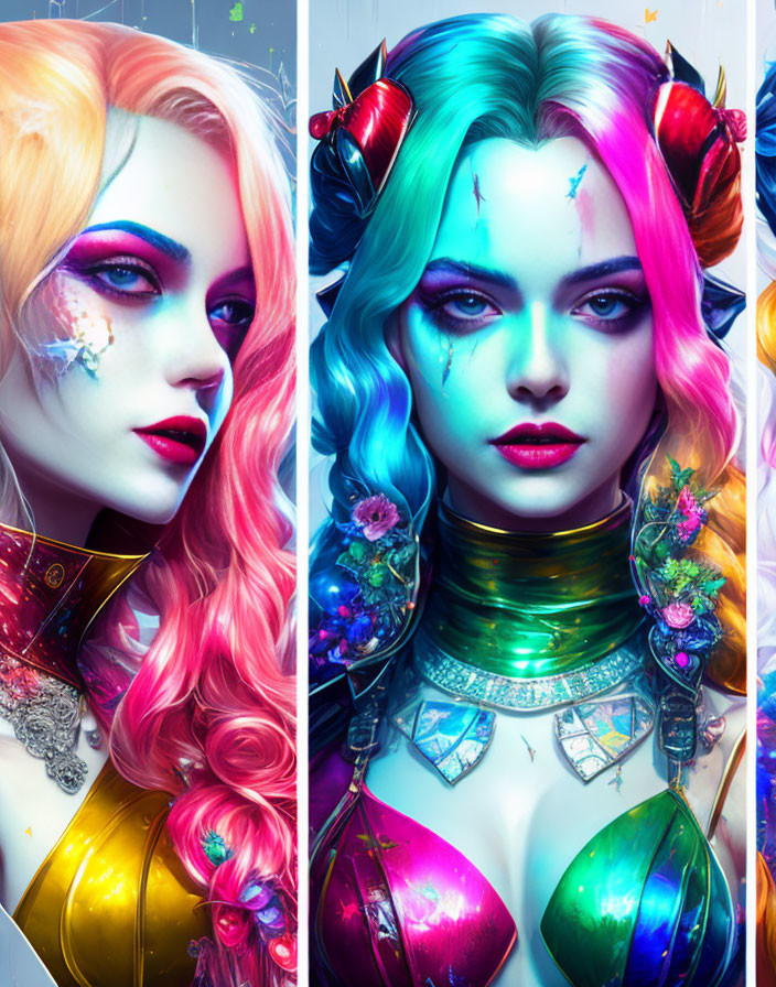 Colorful digital artwork featuring two women with vibrant hair and fantasy makeup in futuristic clothing on a sparkling blue