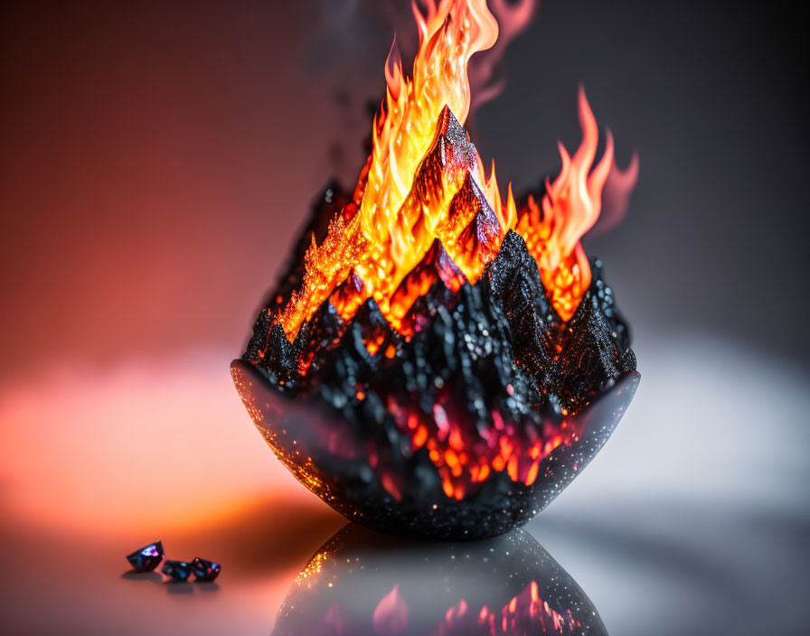 Shattered black object with fiery flames on red and gray background